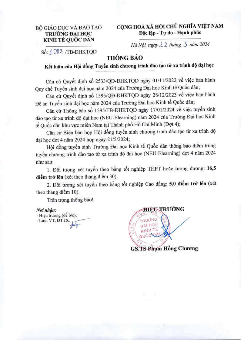 Thông báo điểm trúng tuyển Đợt 4 năm 2024