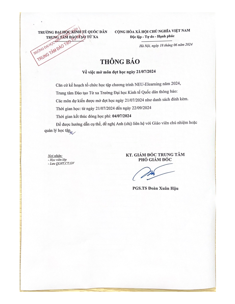 Thông báo về việc mở môn đợt học ngày 21/07/2024