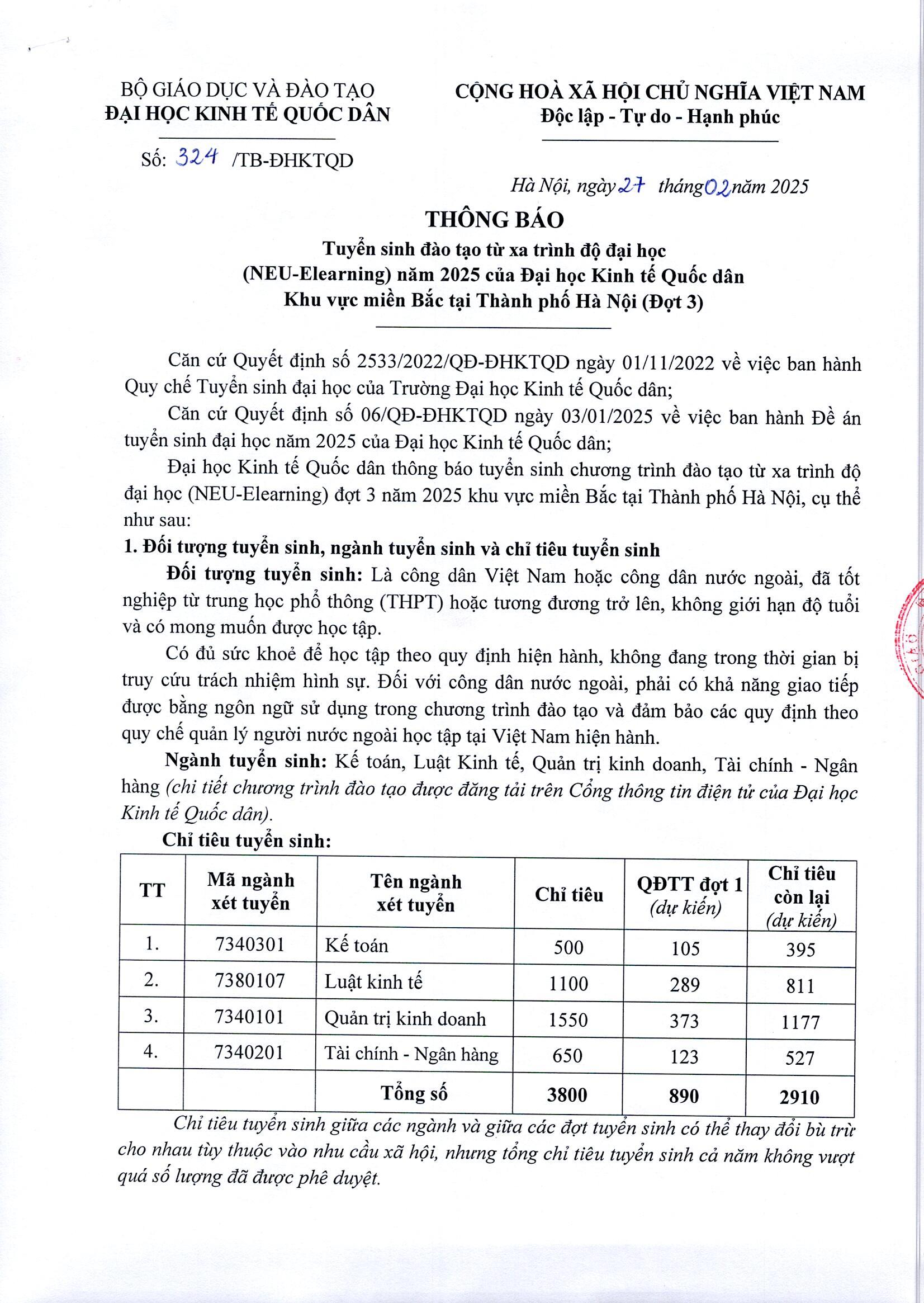 Thông báo tuyển sinh đợt 3 năm : Đào tạo từ xa trình độ đại học NEU E-Learning khu vực miền Bắc tại Thành phố Hà Nội