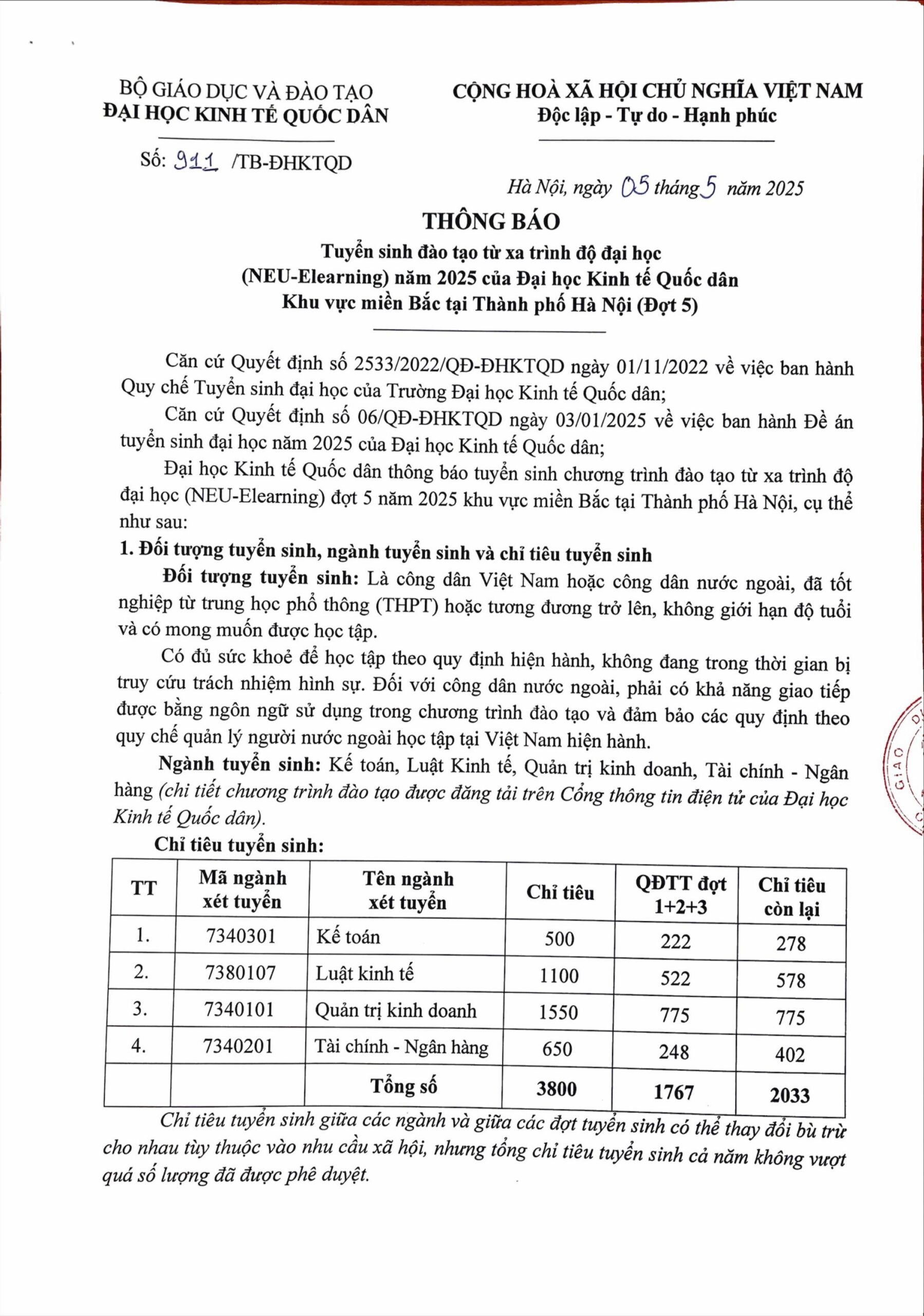 TB tuyen sinh neu elearning dot 5 hn