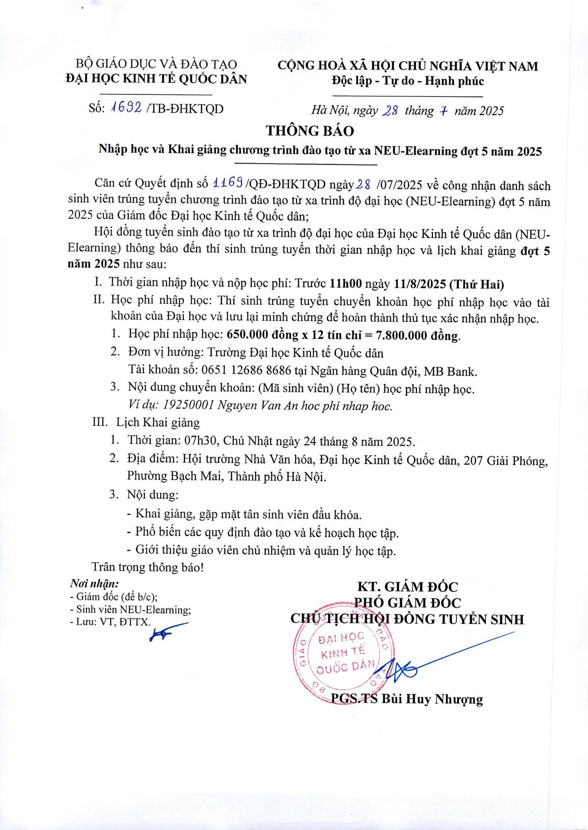 Thông báo nhập học và khai giảng đợt 5 năm 2025