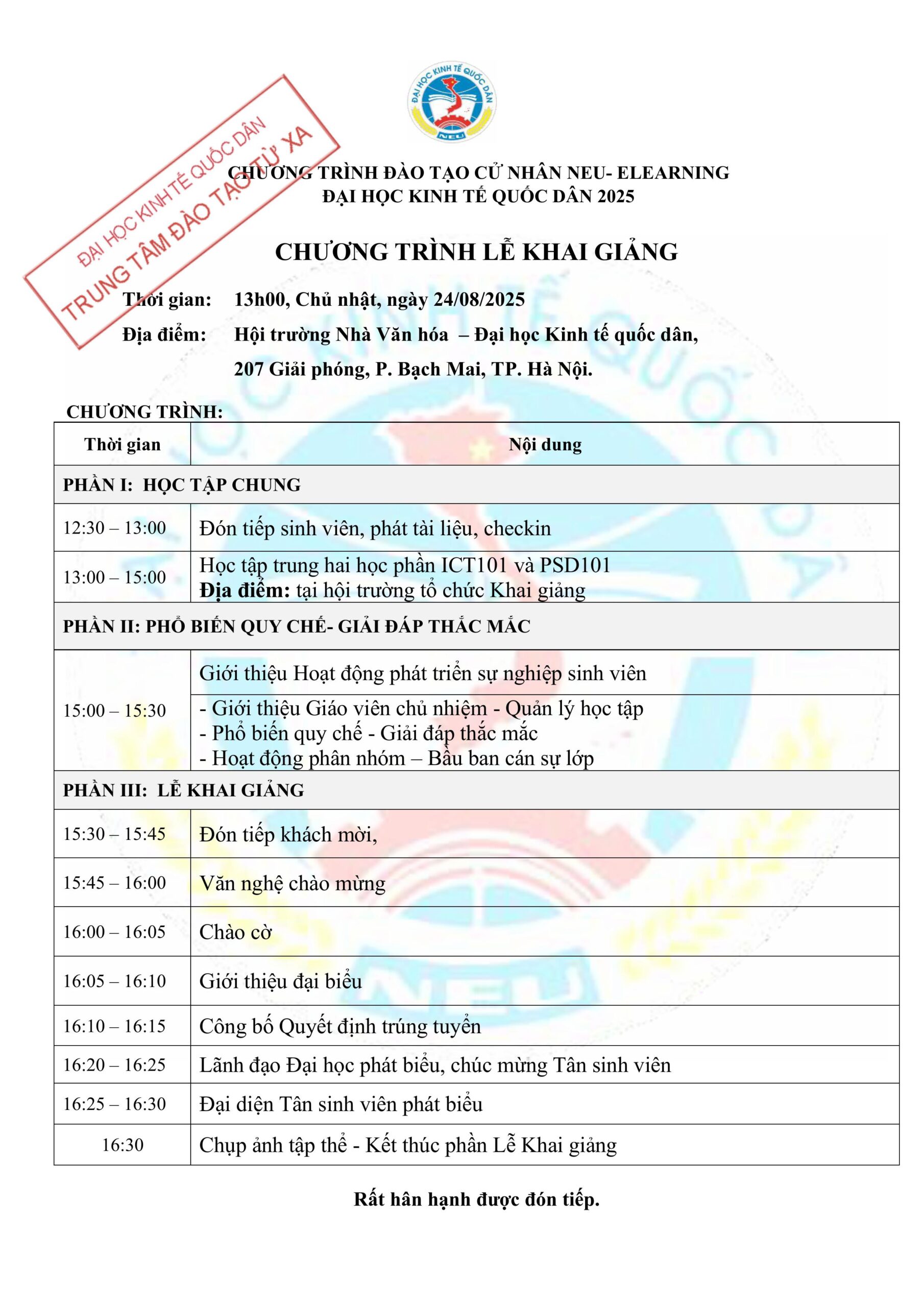 agenda khai giang neu elearning 2025