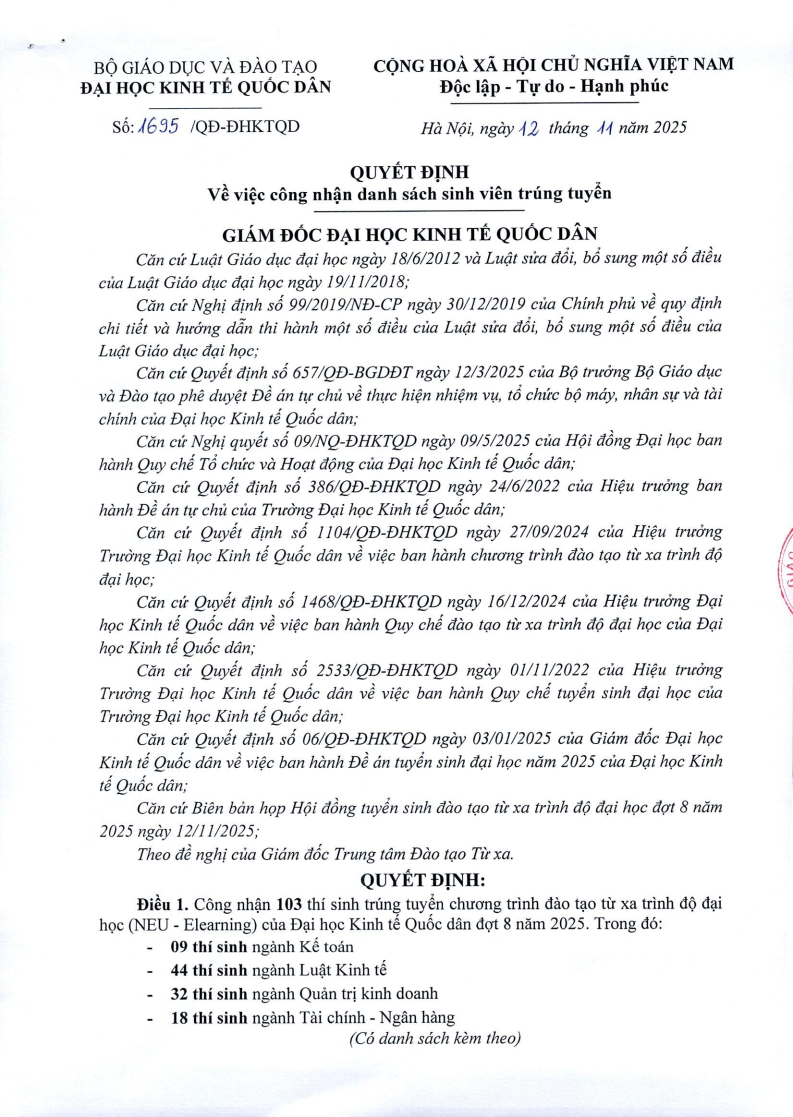 Quyết định về việc công nhận danh sách sinh viên trúng tuyển đợt 8 năm 2025