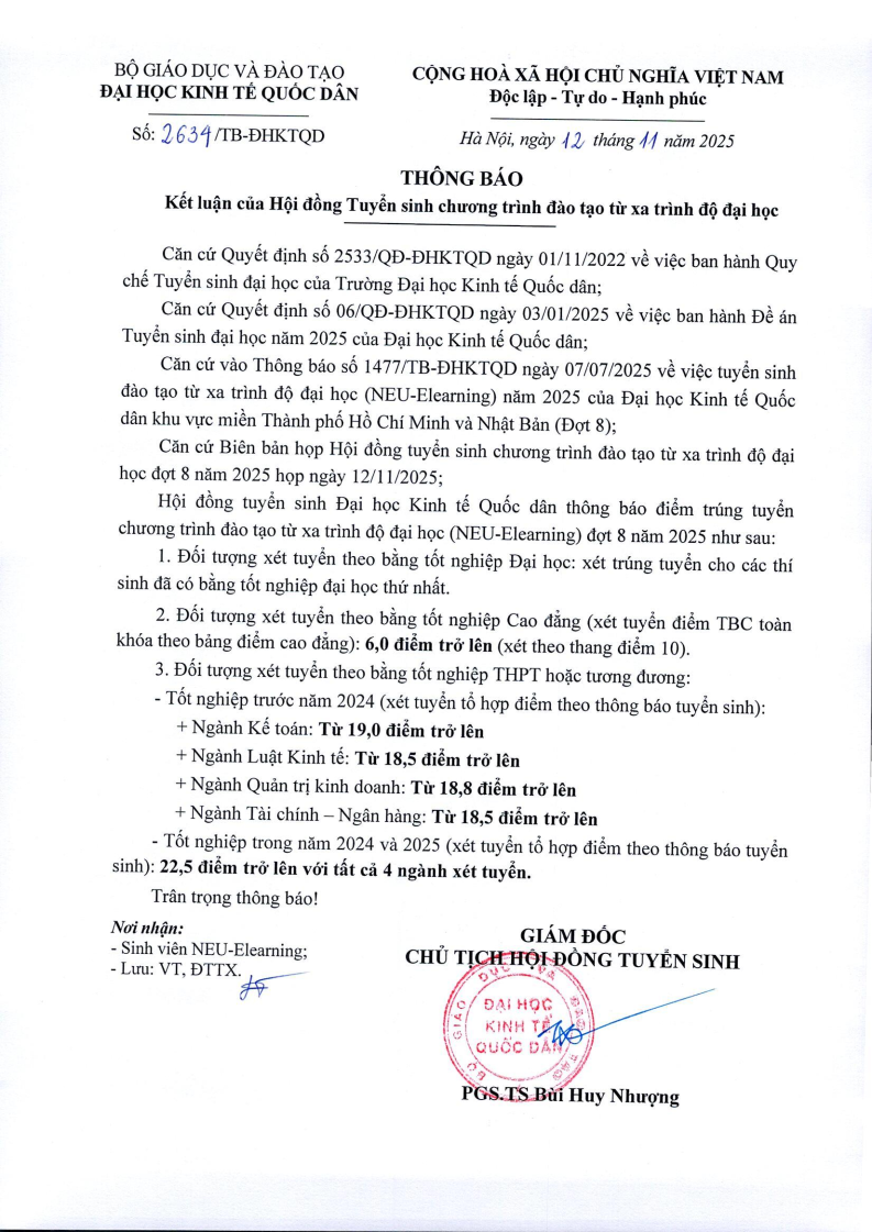 Thông báo điểm trúng tuyển đợt 8 năm 2025