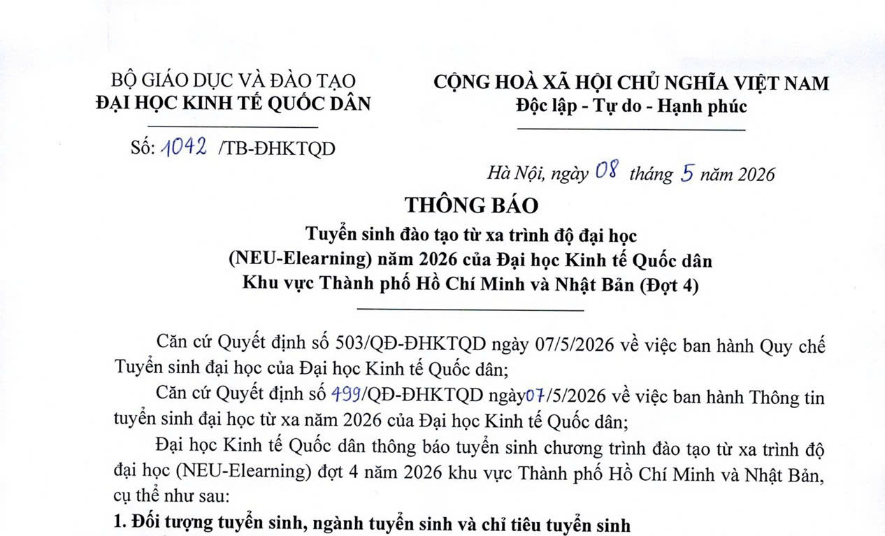 Thông báo tuyển sinh đào tạo từ xa trình độ đại học NEu Elearning năm 2026 đợt 4