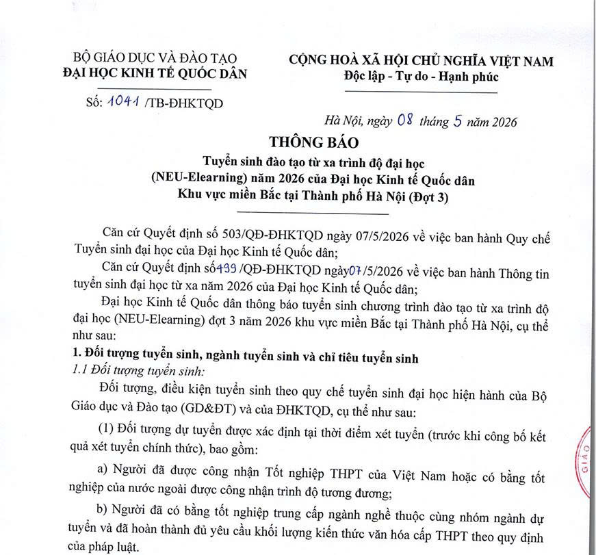 Thông Báo Tuyển Sinh Đào Tạo Từ Xa Trình Độ Đại Học NEU-Elearning Khu Vực Miền Bắc Năm 2026 Đợt 3