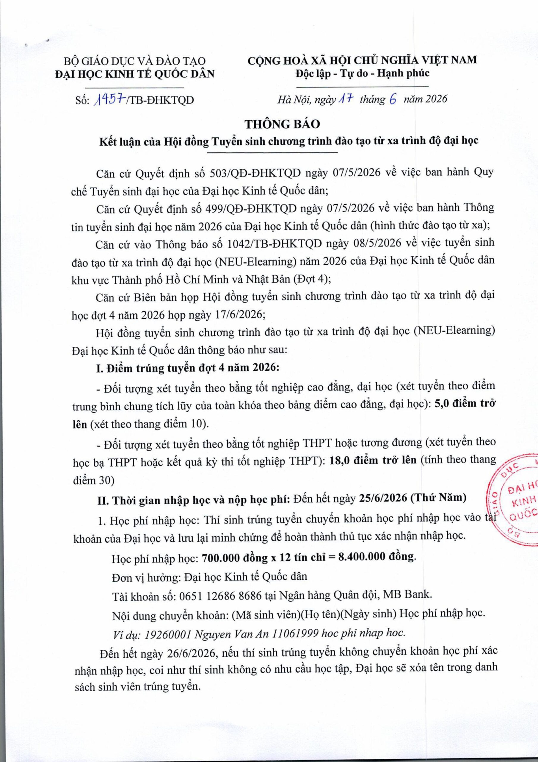 Quyết định và thông báo trúng tuyển đợt 4 năm 2026 của Đại học Kinh tế Quốc dân